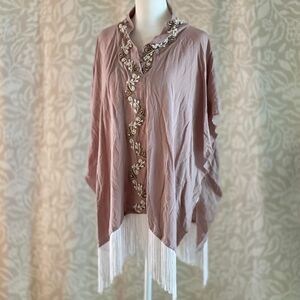 Handmade Mauve Beaded Fringe Poncho Embellished Festival Kimono Cape One Size‎